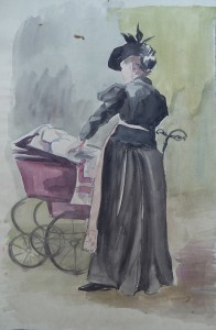 Vrouw met kind in een kinderwagen 