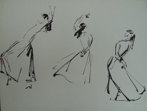 Dansende vrouw, drie poses   