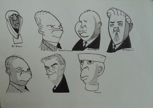 Karikatuurtekeningen van El Glawi, Eisenhower, Chroetsjev, Boelganin en Nehroe   