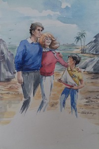 Illustratie Kluitman: man en vrouw met zoon op strand  