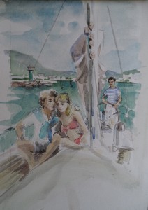 Illustratie Kluitman: jongeman en vrouw op zeilboot  