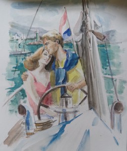 Illustratie Kluitman: Man en vrouw op een zeilboot  