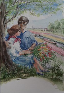 Illustratie Kluitman: man en vrouw met bos tulpen bij bollenveld  