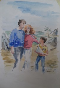 Illustratie Kluitman: man, vrouw en zoontje op het strand  