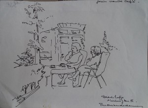 Dedelshofje, 1e Weteringsdwarsstraat, Theedrinkende dames, gezien vanuit café                                