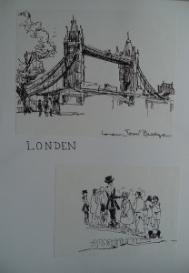 Twee schetsen van Tower Bridge, Londen en Hyde Park (Speaker's corner?) 