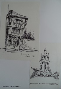 Twee schetsen: Huis in Canterbury, Albert Memorial in Londen 