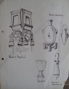 Hathor kapiteel, Eg. Glas, bronzen offeremmer, steek-amphora 