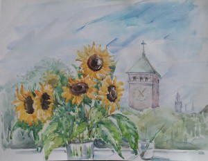 Uitzicht Bronovo ziekenhuis met boeket zonnebloemen  