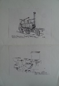 Twee tekeningen Londen-reis: Oude Locomotief Puffing Billy uit 1813 in Science Museum en Afdeling Badkamer, Science Museum 