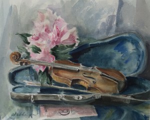 Stilleven met viool, vioolkist en bloemen