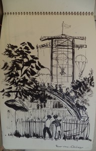 Tekeningen van Addi's bootreis naar Chicago, tekeningen van de boot en enkele stadsgezichten van Chicago