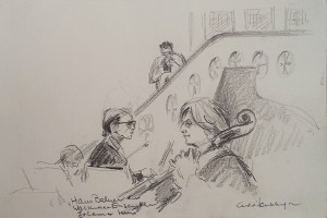 Tekenblok met tekeningen van muzikanten, o.a. Wassenaar Ensemble, Hans Balner, Hein van der Gaag, Christopher Devine