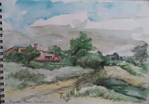 Tekenblok met tekeningen en aquarellen van reizen naar Duitsland, muzikanten in Wassenaar, en portretworkshop Michael Reynolds in De Paauw