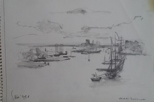 Tekenblok met tekeningen van de kust bij Katwijk, Sail Amsterdam, Landgoed Marienwaerdt Beesd, Rotterdam, Seniorenclub Wassenaar, 