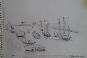 Tekenblok met tekeningen van de kust bij Katwijk, Sail Amsterdam, Landgoed Marienwaerdt Beesd, Rotterdam, Seniorenclub Wassenaar, 