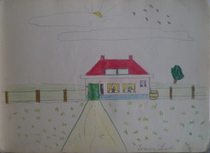 Tekenboekje met tekeningen uit kindertijd, voornamelijk interieur van het woonhuis en landschapjes