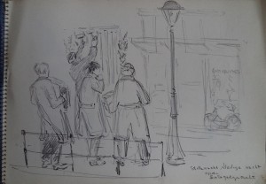 Tekenboek met verschillende tekeningen van Amsterdam in de jaren 1950, tekeningen gebaseerd op Henri de Toulouse-Lautrec, portret, enkele dieren en scènes uit theater