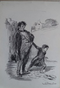 Tekenboek met verschillende tekeningen van Amsterdam in de jaren 1950, tekeningen gebaseerd op Henri de Toulouse-Lautrec, portret, enkele dieren en scènes uit theater