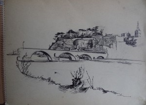 Tekenboek met portrettekeningen van mensen uit Addi's omgeving, een tekening van Avignon