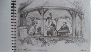 Tekenboekje met portret van Jos Brink, muzikanten bij Plein Musique, Wassenaar Ensemble, Christopher Devine, Excelsior, Koningin Beatrix, Prinsjesdag, losse tekeningen, o.a. haven van Venetië