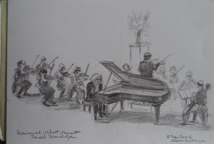 Tekenblokje van losse tekeningen, o.a. Residentie orkest met Ronald Brautigam, Wassenaar Ensemble, Pieter Nieuwland College, impressionistische aquarel, jazzband