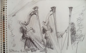 Tekenboekje met tekeningen van muzikanten in de Wittenburg, o.a. harpisten en bassisten en pianist Christopher Devine in Galerie Bianca