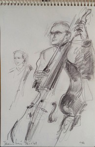 Tekenboekje met tekeningen van muzikanten in de Wittenburg, o.a. harpisten en bassisten en pianist Christopher Devine in Galerie Bianca