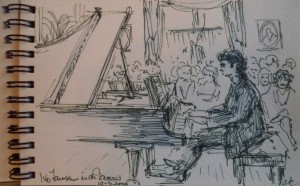 Tekenboekje met tekeningen van Slot Zuilen, pianoconcert van Ivo Janssen in Raadhuis de Paauw, Wassenaarse Slag, baby Daphne, Pieterskerk in Leiden, Majoor A.M. Bosshardt, Velzen, Anna Federova 