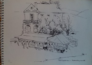 Tekenboekje met tekeningen van een reis naar de Dordogne, o.a. Bergerac, Lasserre, grotten, Sarlat, Saint Cyprien