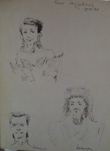 Tekenschriftje met tekeningen van de Wassenaarse Slag, kleine portretjes, o.a. Alex Polak, deelnemers aan Eurovisie Songfestival van 1987, portretje van Van Mierlo