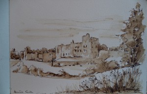 Tekenblok met tekeningen en aquarellen van reis naar Schotland, o.a. Alnwick Castle, Loch Lomond, Comlongon Castle, tekeningen van verblijf in Zeeland