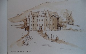 Tekenblok met tekeningen en aquarellen van reis naar Schotland, o.a. Alnwick Castle, Loch Lomond, Comlongon Castle, tekeningen van verblijf in Zeeland