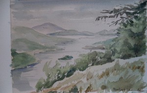 Tekenblok met tekeningen en aquarellen van reis naar Schotland, o.a. Alnwick Castle, Loch Lomond, Comlongon Castle, tekeningen van verblijf in Zeeland