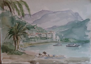 Tekenblok met tekeningen en aquarellen van Mallorca, Heeg (Friesland), Tongeren, jazzconcert Monaco, paddestoelen, huis in Kortgene