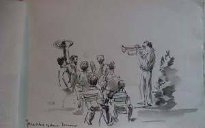 Tekenblok met tekeningen en aquarellen van Mallorca, Heeg (Friesland), Tongeren, jazzconcert Monaco, paddestoelen, huis in Kortgene