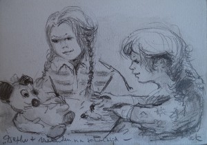 Tekenboekje met tekeningen van Daphne en Bram, tekening van het Warenar Ensemble