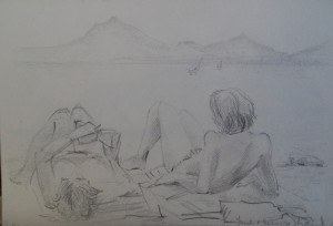 Tekenblokje met tekeningen van vakantie op Mallorca, o.a. strand en muzikanten, verder tekeningen van landschappen in Heeg (Friesland)